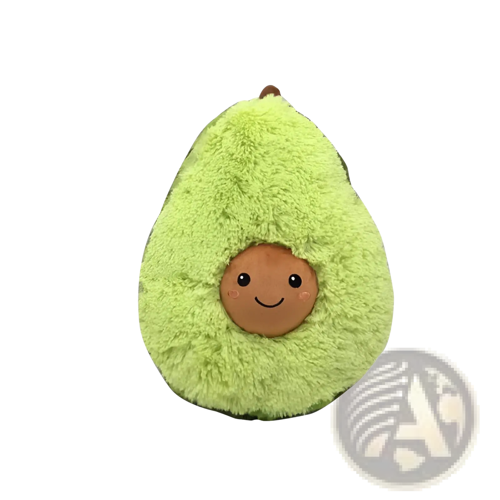 A plush avocado toy with a soft fuzzy light green exterior and a smiling brown pit face cartoon pillow design