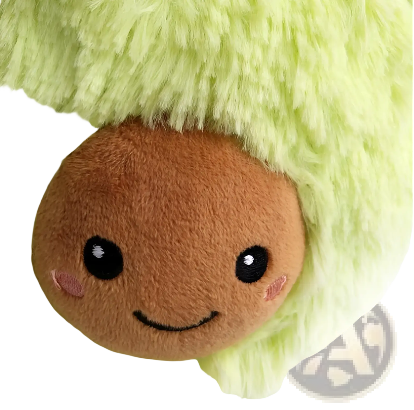 A soft lime-green plush avocado stuffed cartoon pillow with a brown face and black button eyes