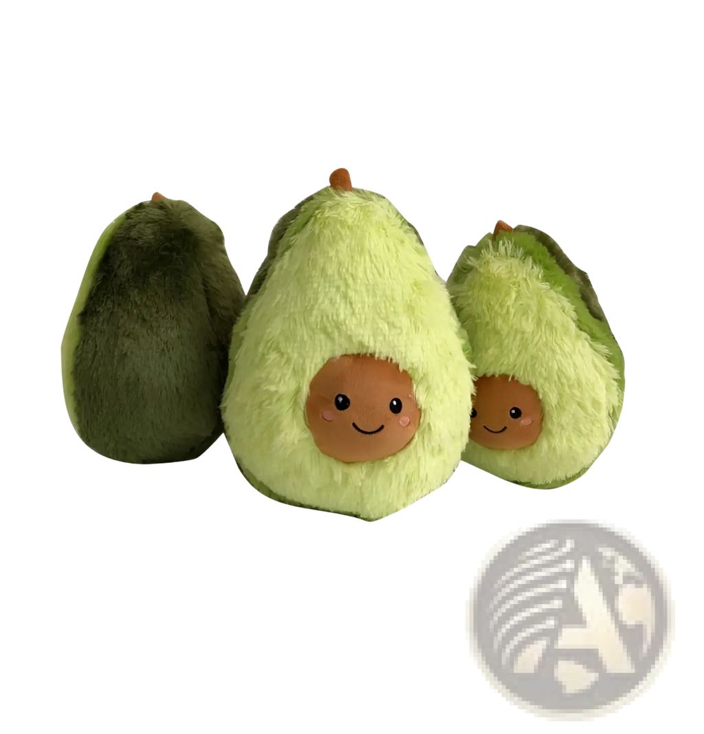Soft stuffed avocado plush toy with fuzzy green exterior and cute brown smiling face cartoon pillow design