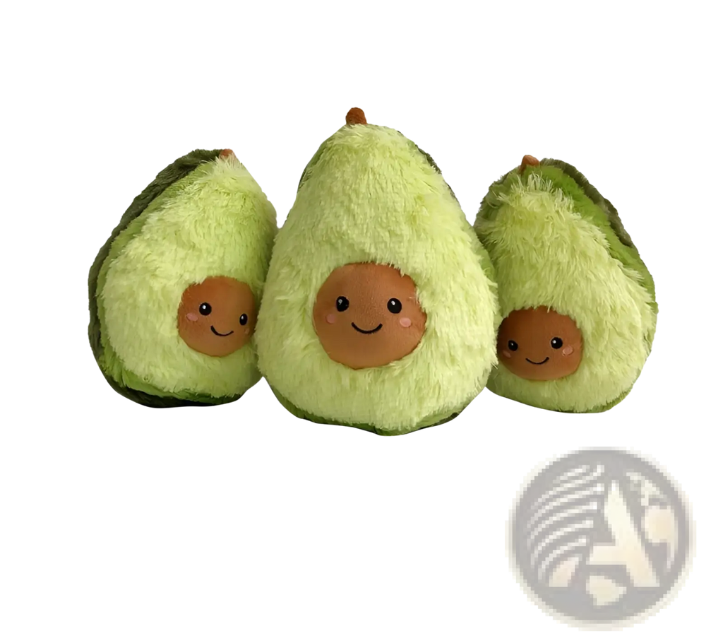 Three soft green fuzzy avocado plush toys with smiling brown faces perfect as stuffed cartoon pillows