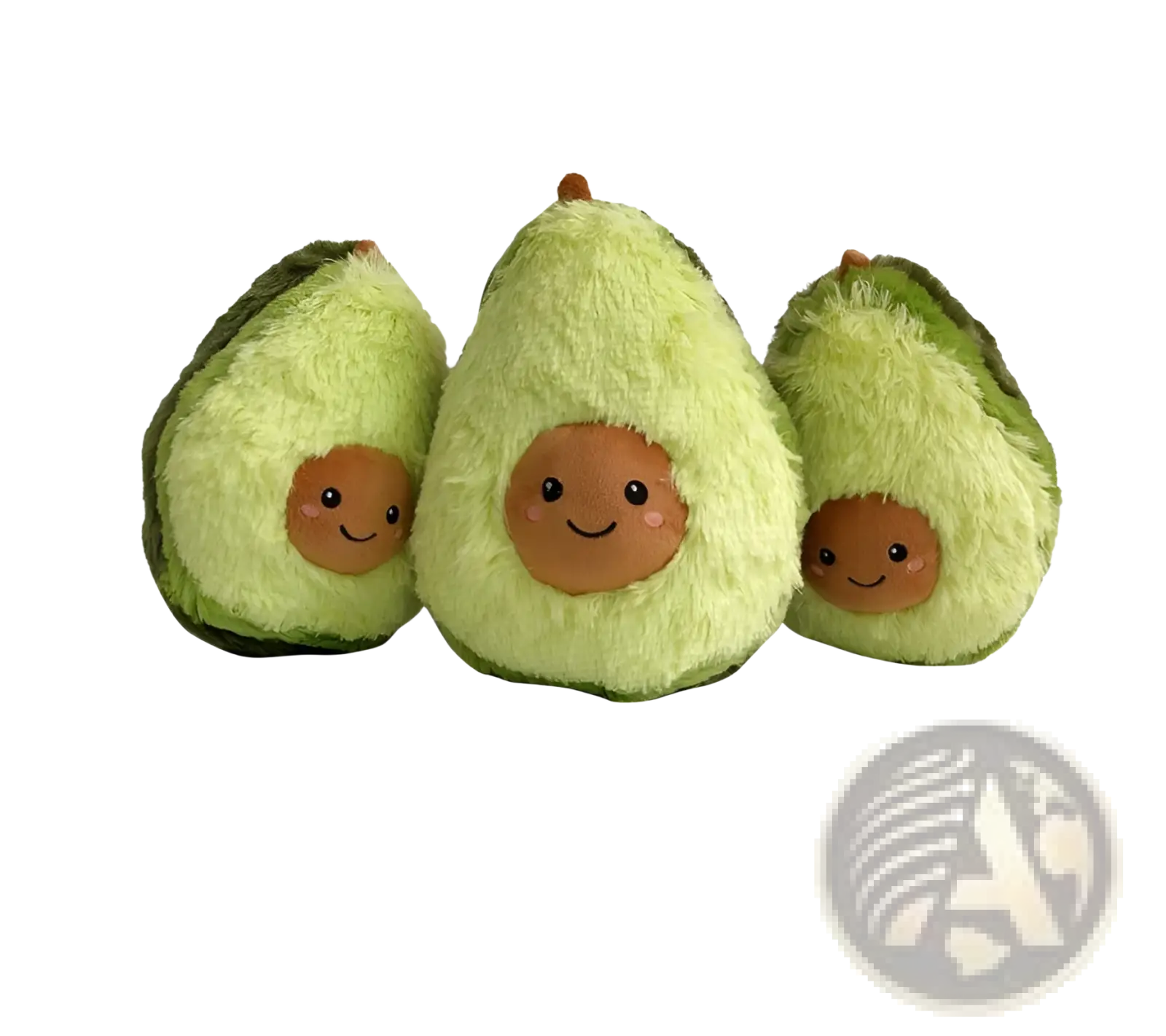 Three soft green fuzzy avocado plush toys with smiling brown faces perfect as stuffed cartoon pillows