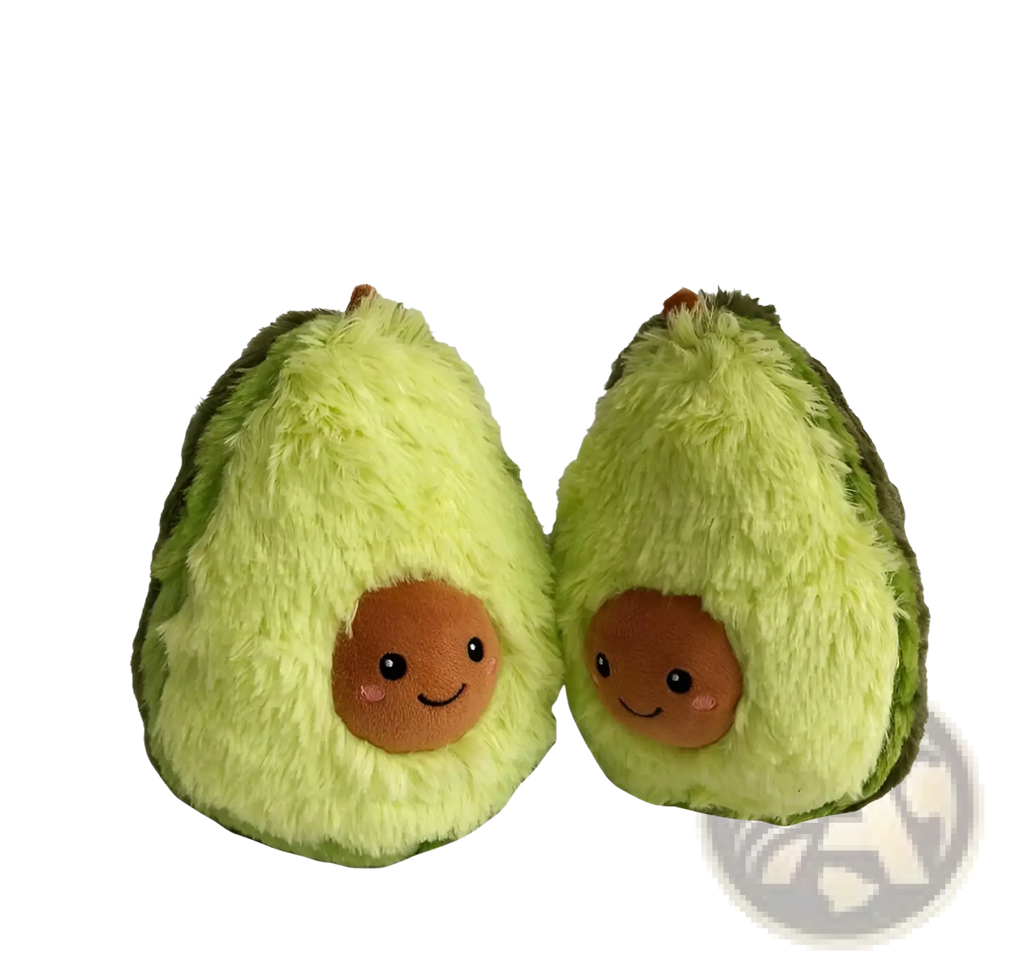 Two plush avocado halves with soft green fuzzy exterior and brown smiling faces stuffed cartoon pillow toy