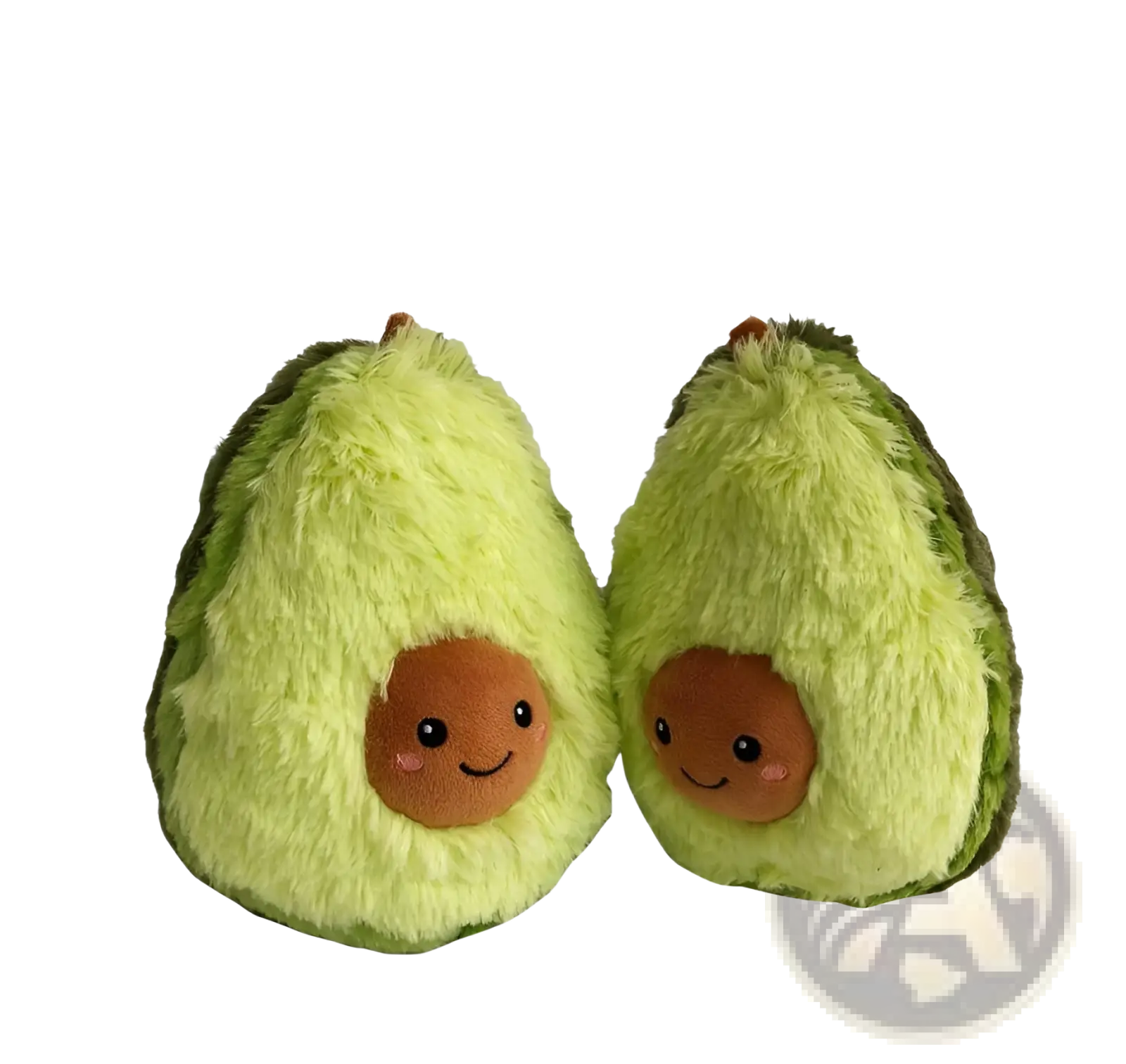 Two plush avocado halves with soft green fuzzy exterior and brown smiling faces stuffed cartoon pillow toy