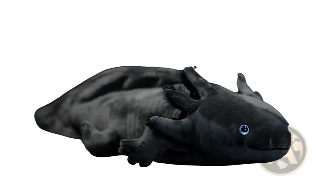 A plush black axolotl soft hexagonal dinosaur toy with blue eyes and subtle gray patterns 50cm long
