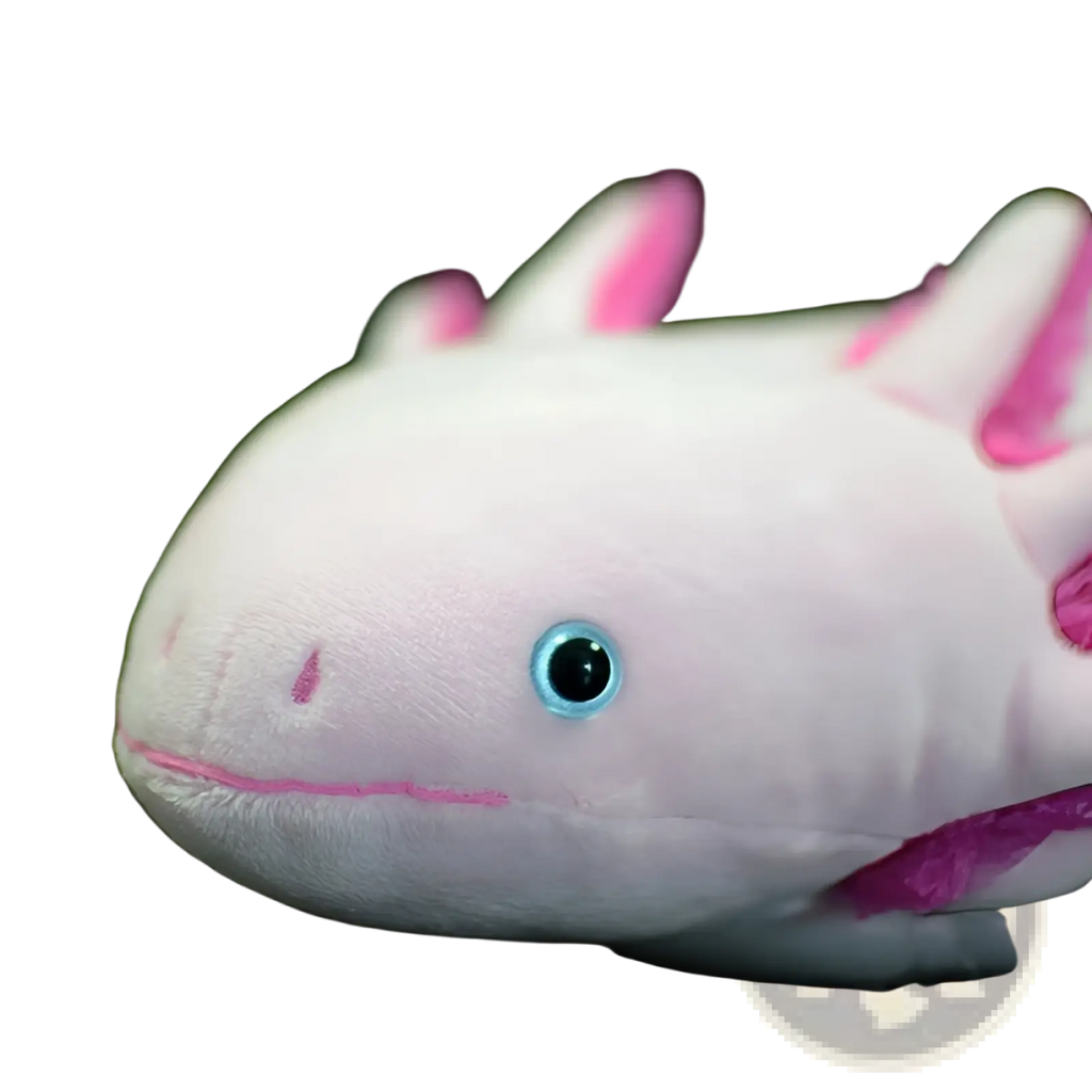 A plush pink axolotl soft hexagonal dinosaur doll 50cm with white fur bright blue eyes and delicate pink fins