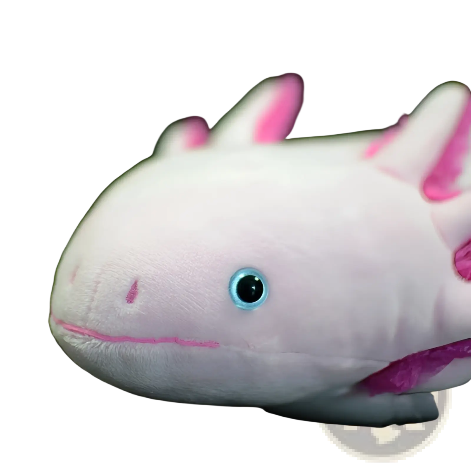 A plush pink axolotl soft hexagonal dinosaur doll 50cm with white fur bright blue eyes and delicate pink fins