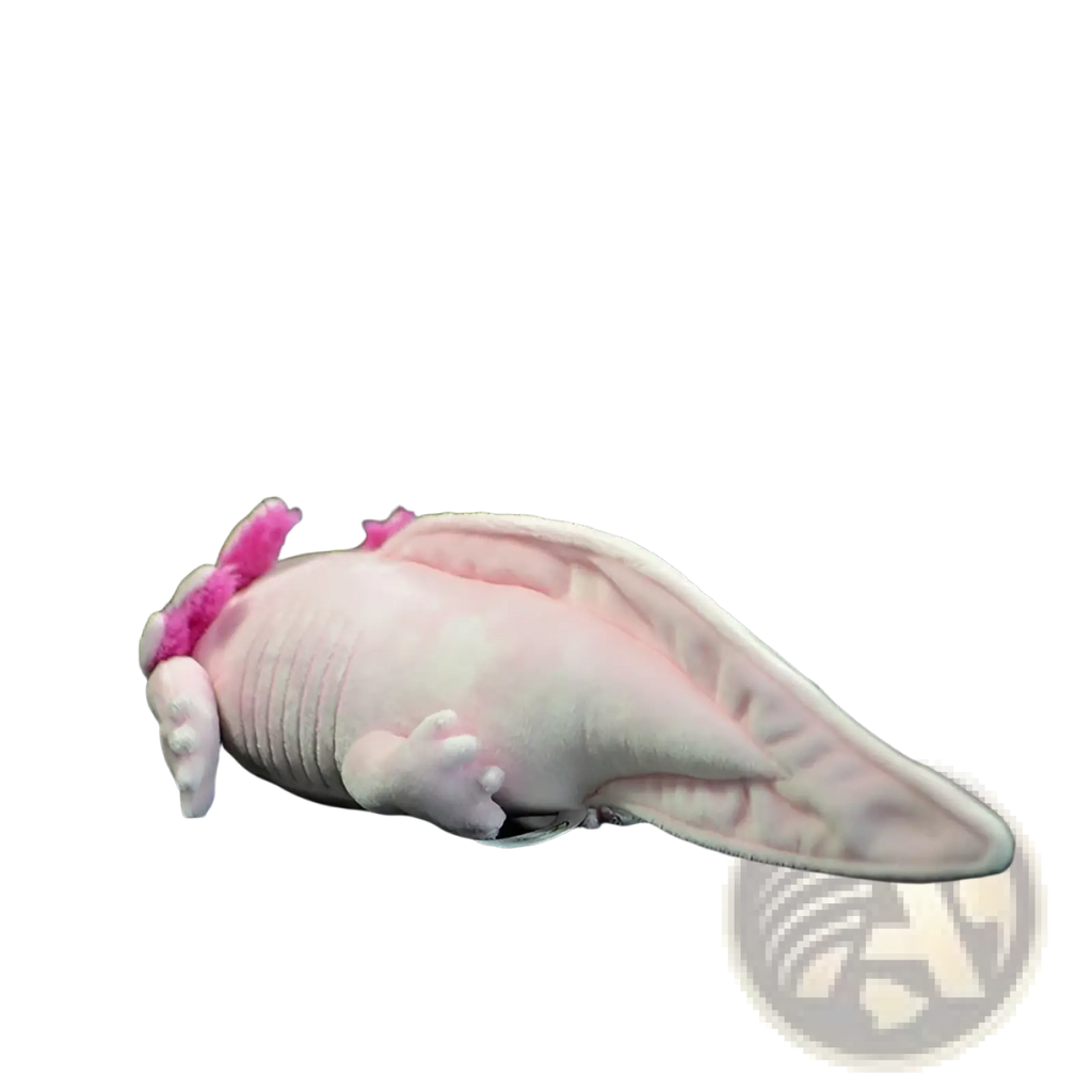 A soft pink axolotl plush toy with feathery magenta gills and white-tipped feet made from cuddly fabric