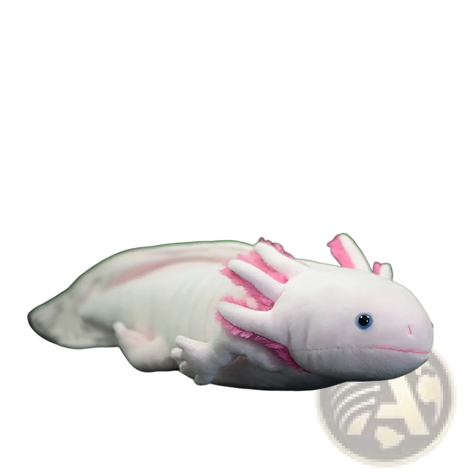 A plush white axolotl soft hexagonal dinosaur doll with pink gills and a blue eye measuring 50cm