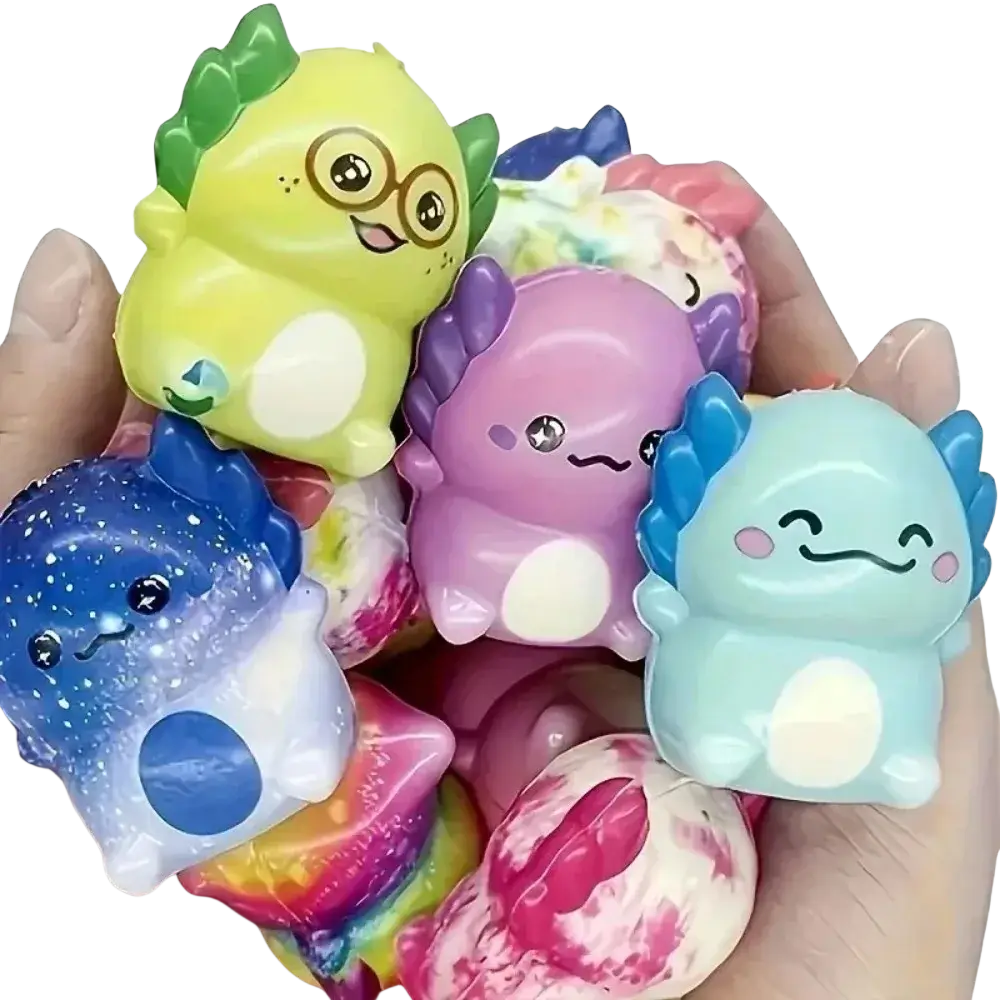 Axolotl squishy stress relief toy set featuring colorful pastel and gradient axolotl-shaped soft stress balls