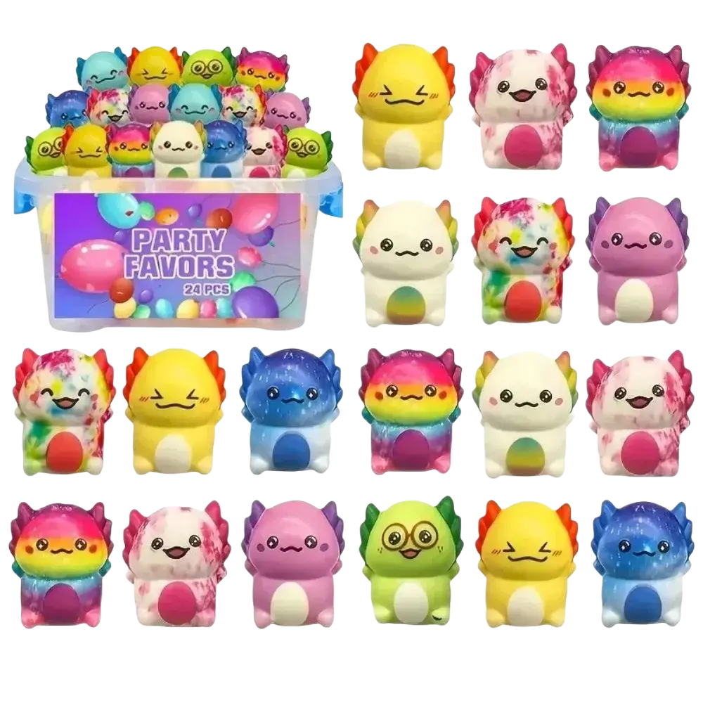 A set of 24 colorful axolotl-shaped squishy stress relief toys in a clear party favors container