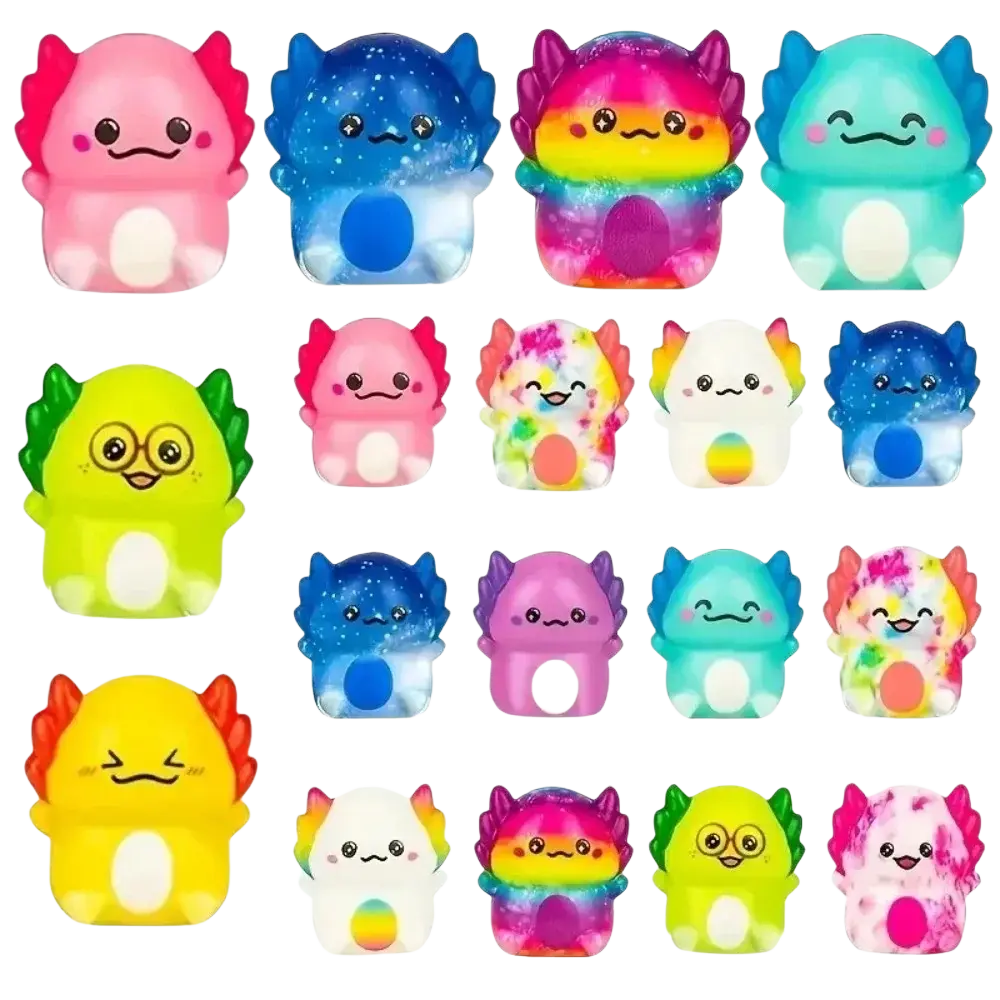 A set of colorful glittery axolotl squishy stress relief toys with cute facial expressions for anxiety relief