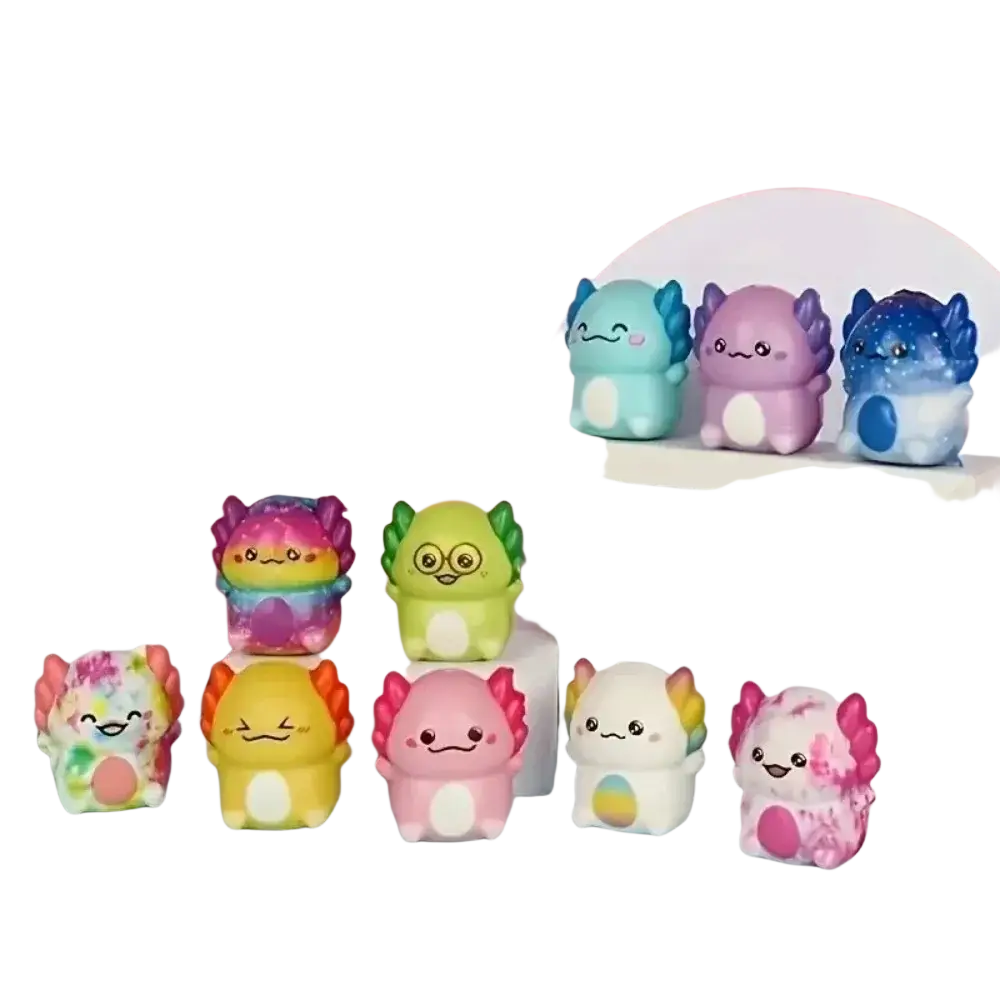 A collection of colorful plush axolotl squishy stress relief toys with cute faces and vibrant rainbow fins