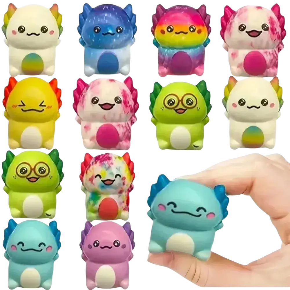 A hand holds a light blue axolotl squishy stress relief toy with spiky fins and a white belly