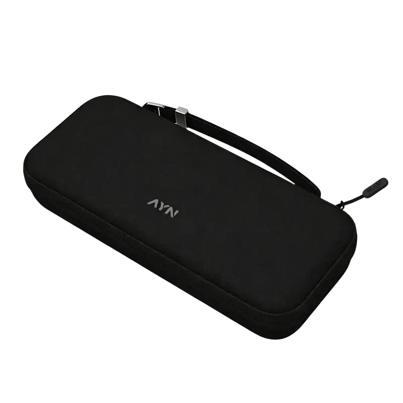 Black ayn odin zippered pouch with sleek soft-textured exterior and silver-toned metal clasp in protective shell case