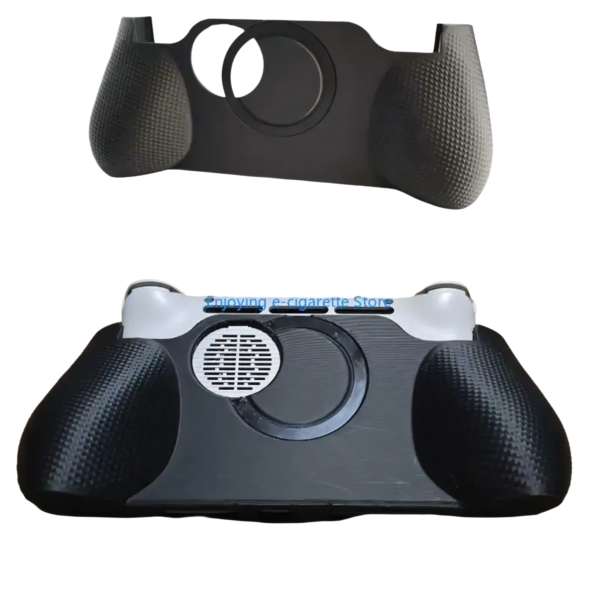 Black textured ayn plastic grip handle controller ergonomic cover with circular cutouts for playstation controller use