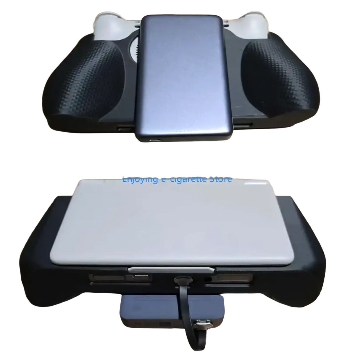 Black and white Ayn plastic grip handle controller with textured grips and integrated charging ports for ergonomic gaming