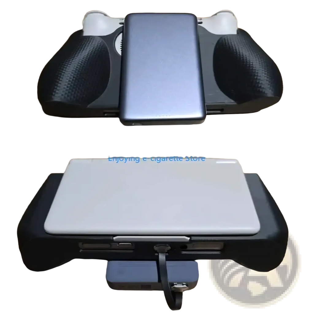 Black and white Ayn plastic grip handle controller with textured grips and integrated charging ports for ergonomic gaming