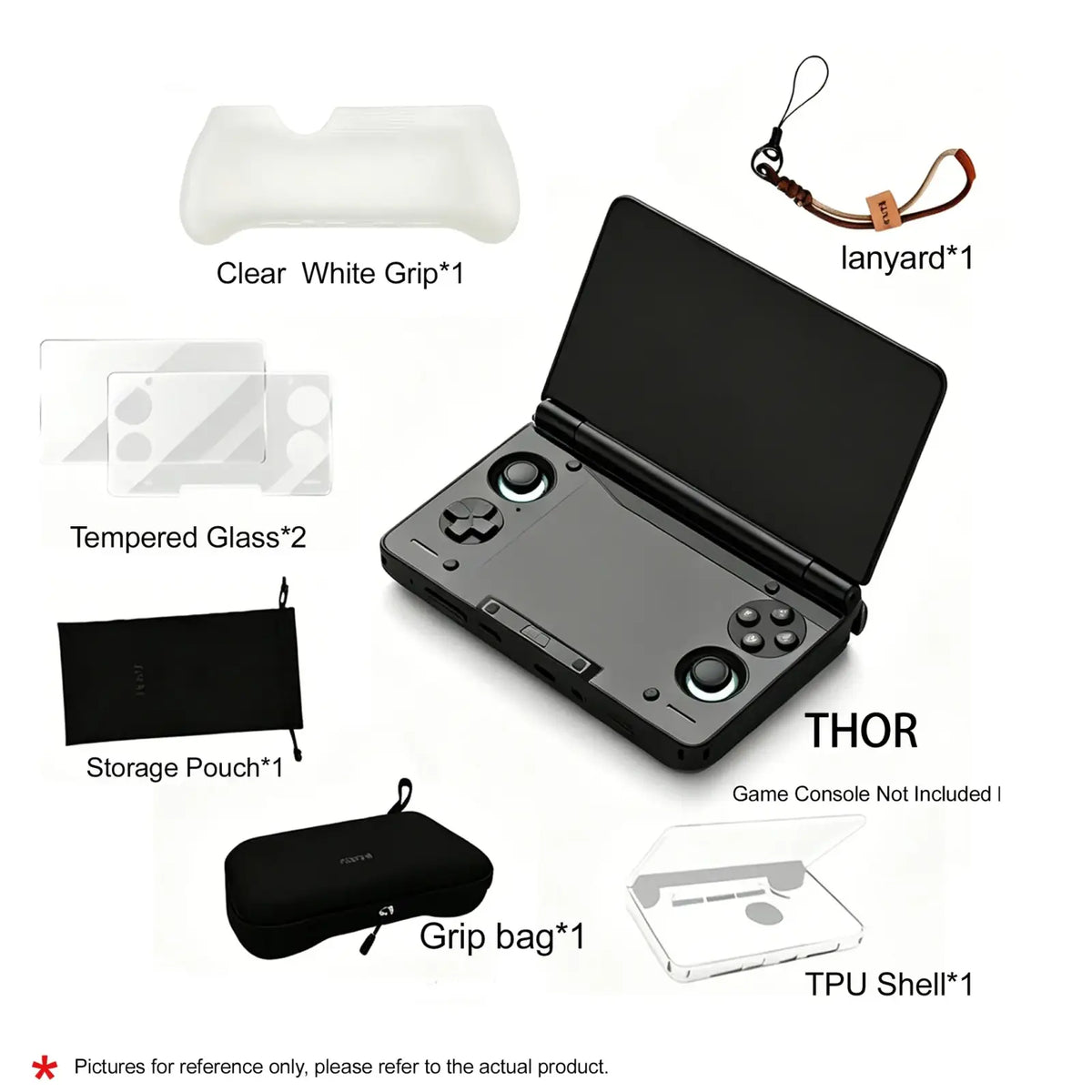 Black ayn thor handheld game console featuring dual analog sticks and directional pads in 4-in-1 accessories combo kit