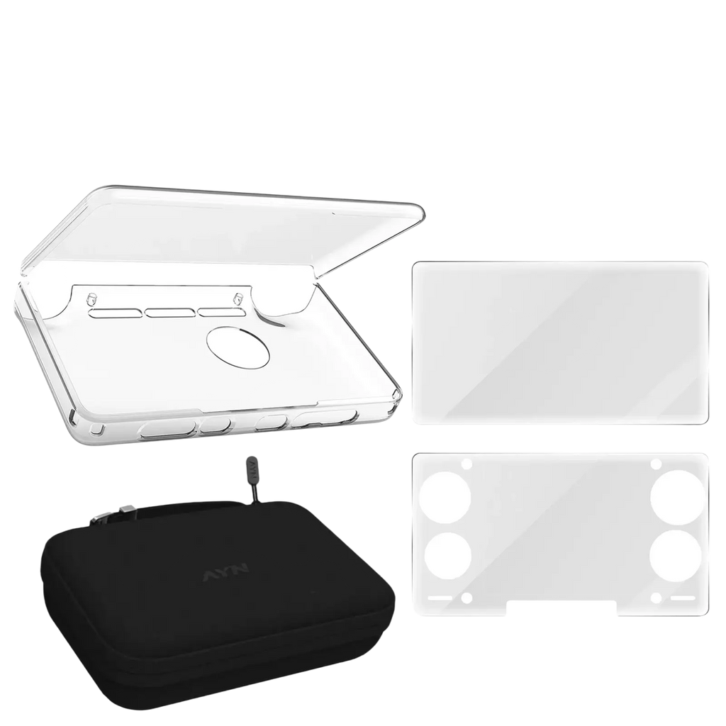 Clear protective case for ayn thor game console with matching screen protector and black carrying pouch in 4-in-1 kit