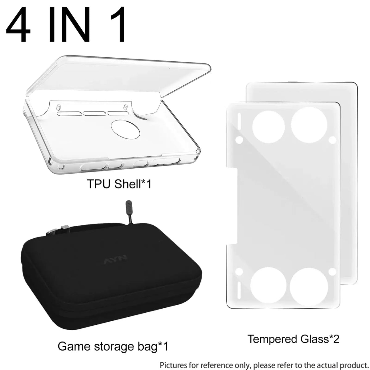 Clear TPU shell case with button and camera cutouts, two tempered glass screens, and black game storage bag for Ayn Thor kit