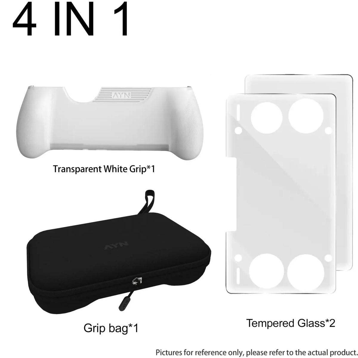 Ayn Thor 4-in-1 accessories combo kit with transparent white grip, black zipper pouch bag, and two tempered glass screens for Nintendo Switch