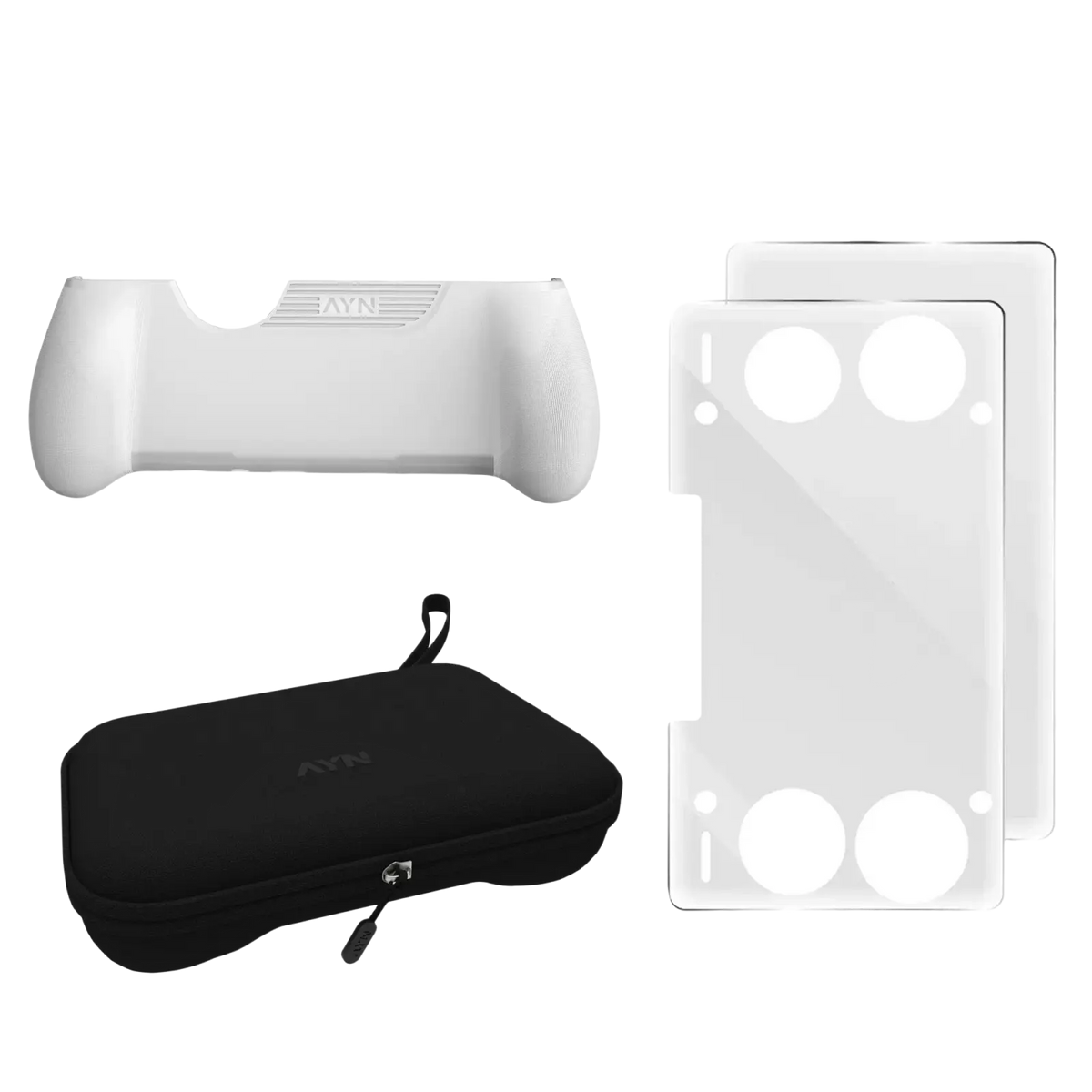 White plastic grip with textured surface and embossed ayn logo from the ayn thor 4-in-1 accessories combo kit