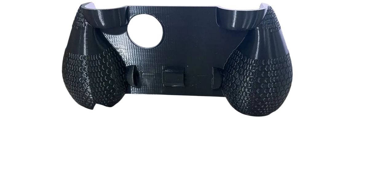 Black 3d-printed Ayn Thor ergonomic grip protective case with textured scale-like surface and camera cutout on back side
