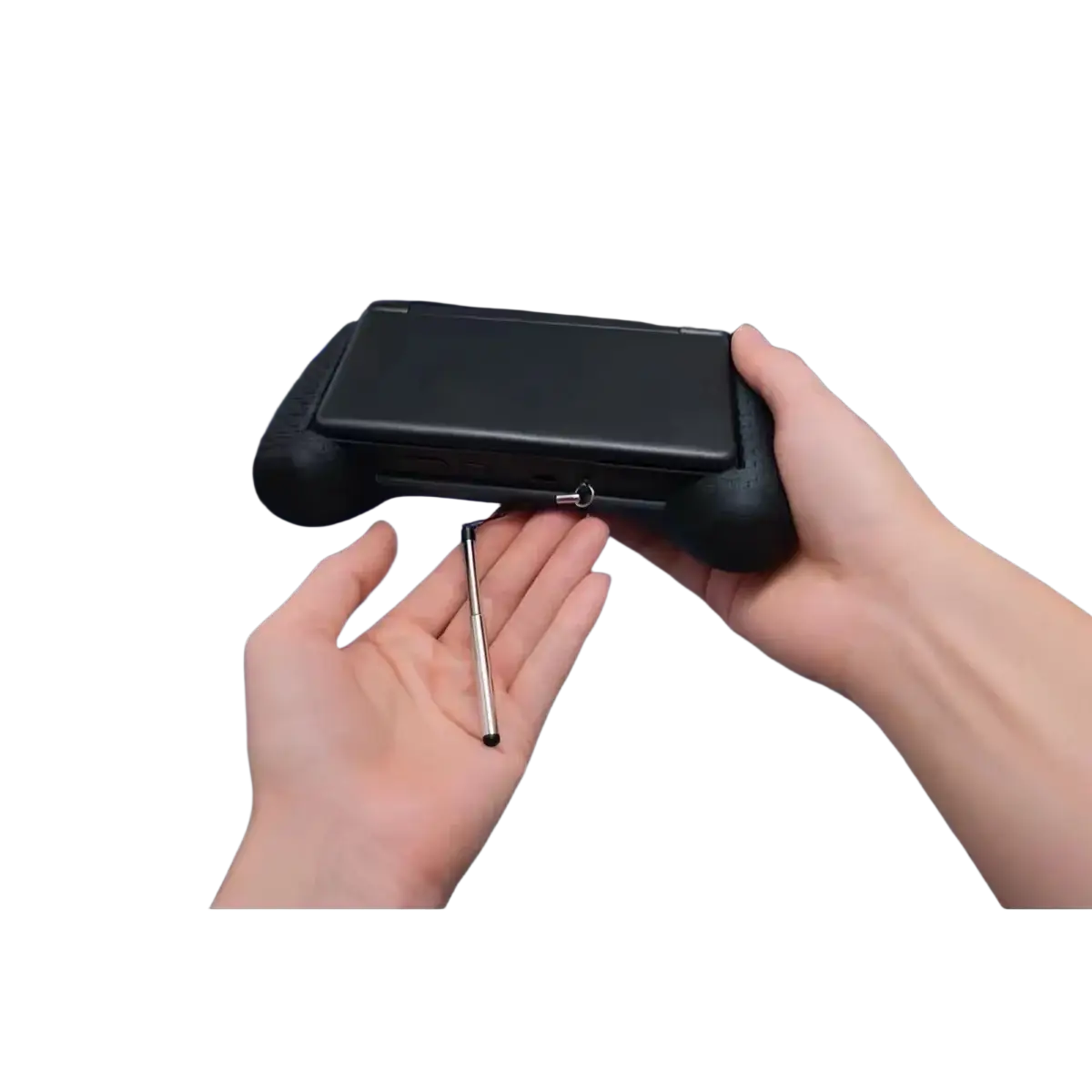 Black ergonomic game controller grip with integrated stylus for Nintendo DS handheld in Ayn Thor protective case and accessories