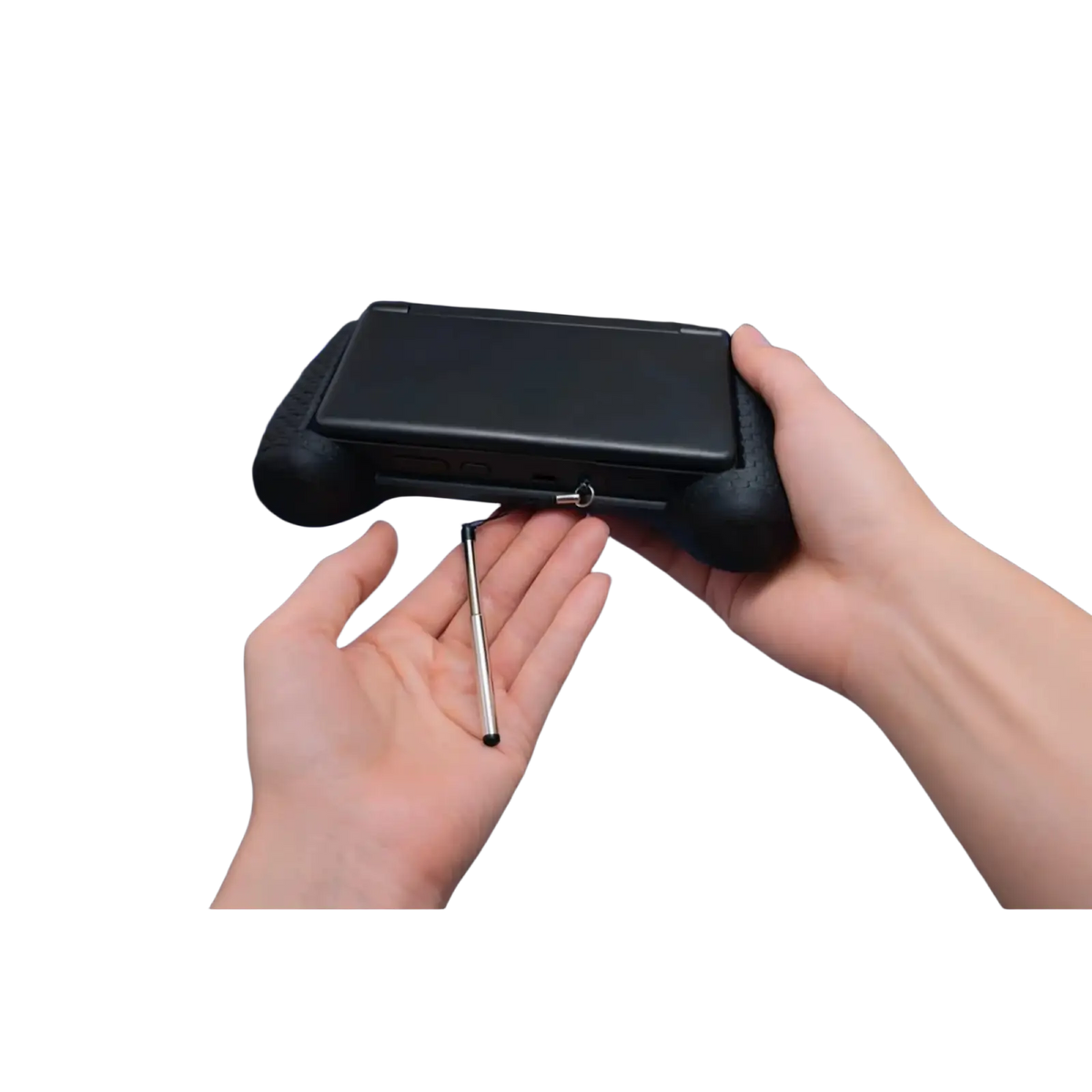Black ayn thor ergonomic grip protective case with textured rubberized handles and silver stylus resting in palm