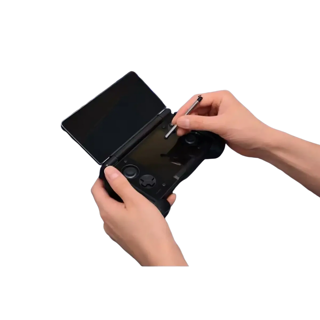 Black Nintendo 3ds xl handheld gaming console with glossy finish and dual-screen design in Ayn Thor ergonomic grip case