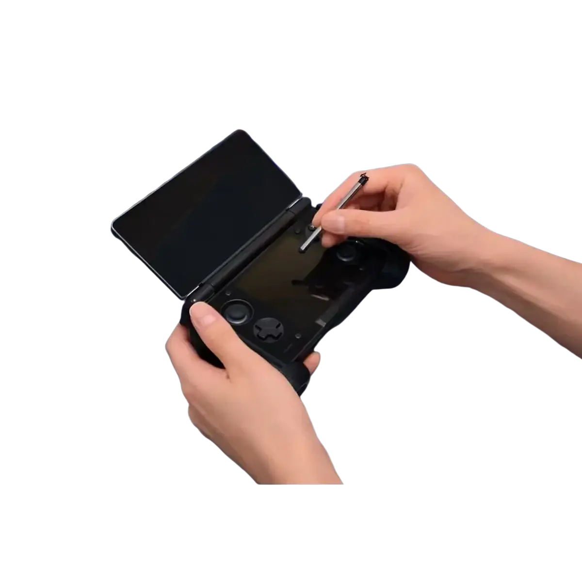 Black Nintendo 3ds xl handheld gaming console with glossy finish and dual-screen design in Ayn Thor ergonomic grip case