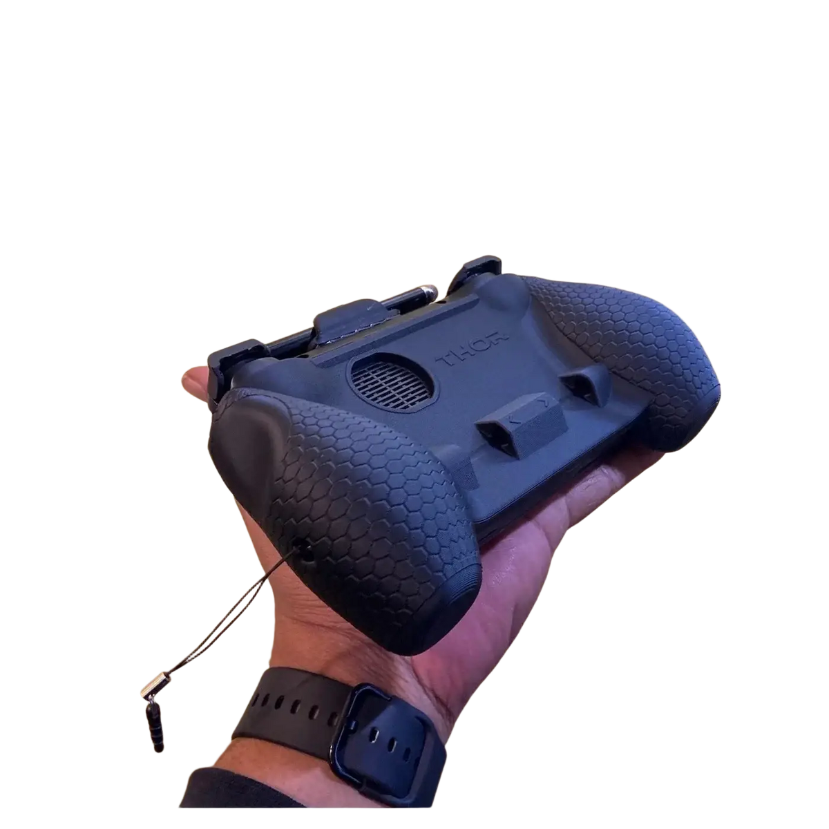 Black tatu tech ayn 2-in-1 controller with textured grip and integrated touch pen storage in ergonomic case backside view