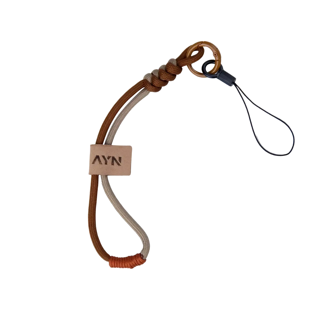Ayn thor protective case and grip accessory kit with brown and gray braided cord phone strap and brass carabiner clip