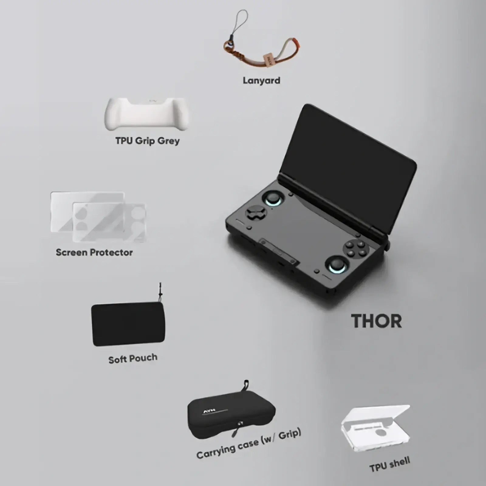 Black thor handheld gaming console with glowing blue circular buttons in a protective case and gaming accessory kit
