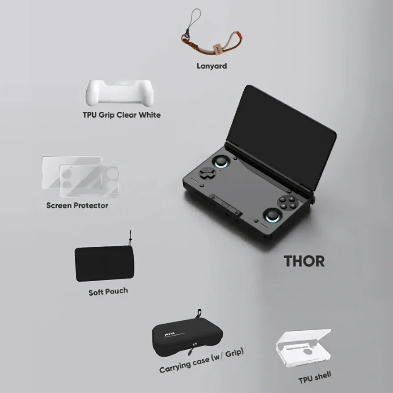 Black thor handheld gaming device with glowing blue circular buttons in ayn thor protective case and accessory kit