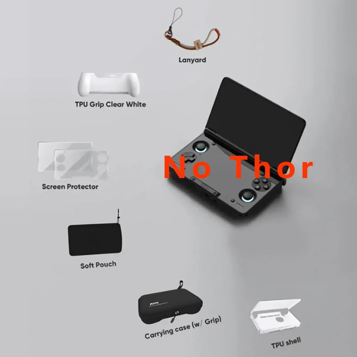 Black handheld gaming console with glowing blue circular buttons in ayn thor protective case and gaming accessory kit