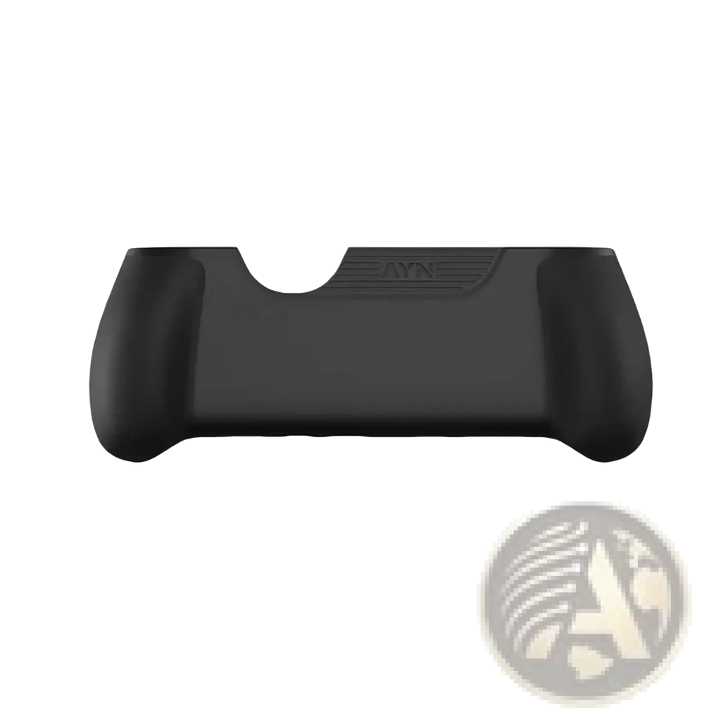 Black ergonomic grip for Ayn Thor protective case with matte finish and textured branding for gaming controllers