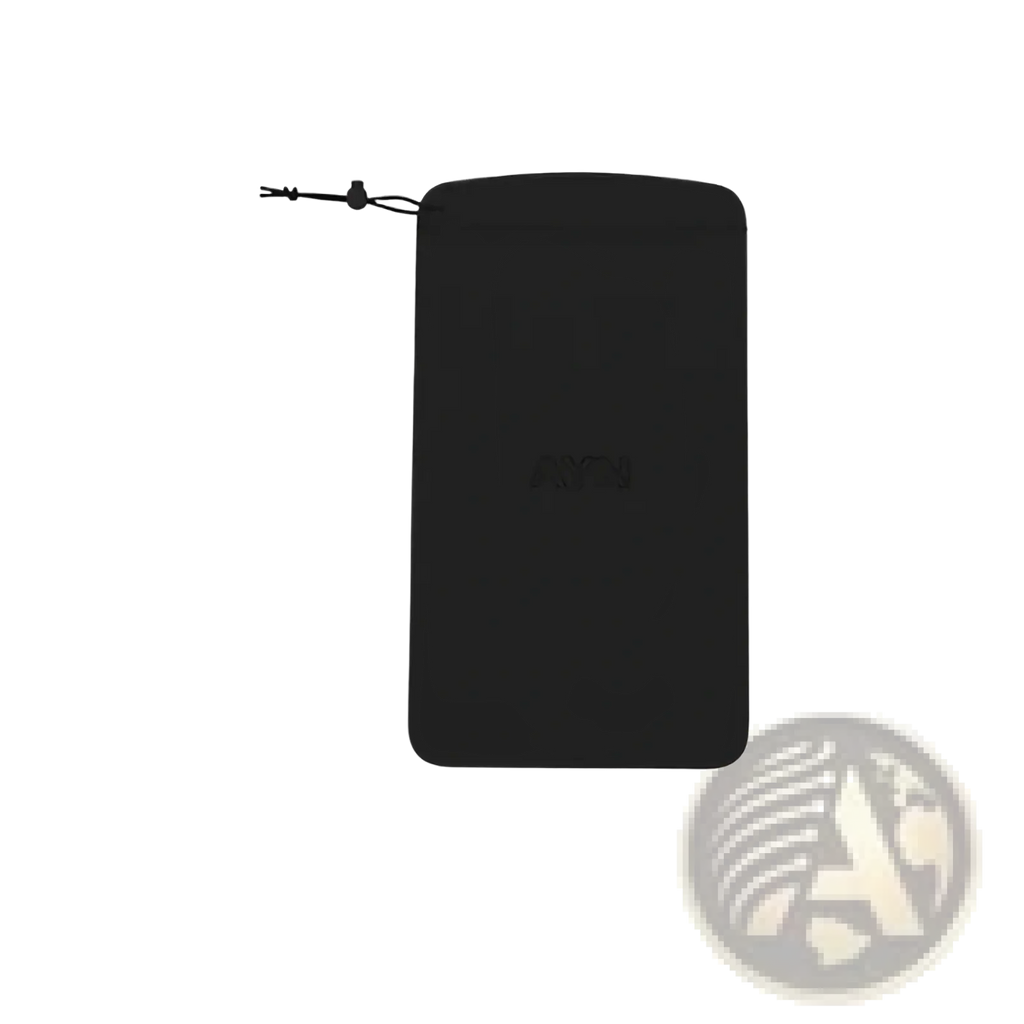 Black fabric pouch with drawstring closure and subtle embossed logo for Ayn Thor protective case and grip accessory kit