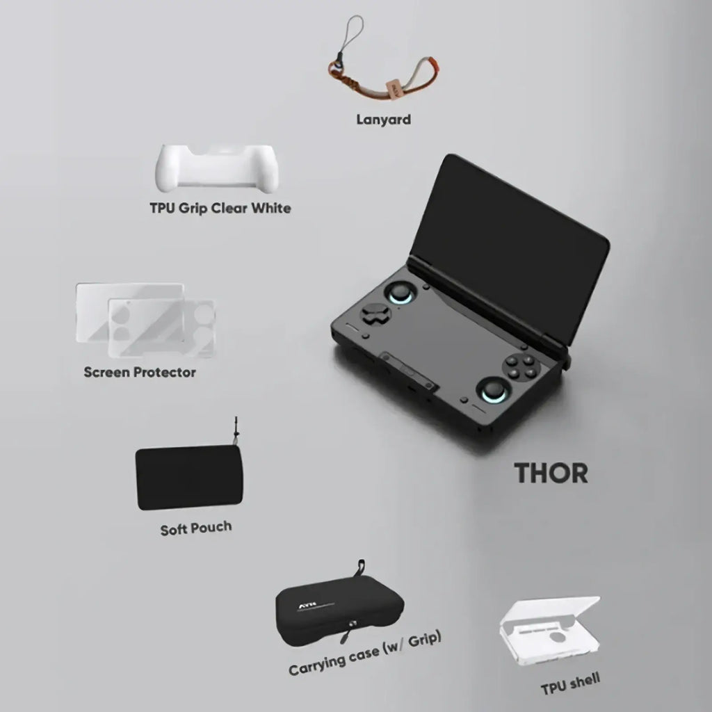 Black thor handheld gaming device with glowing blue circular buttons in ayn thor protective case and grip accessory kit