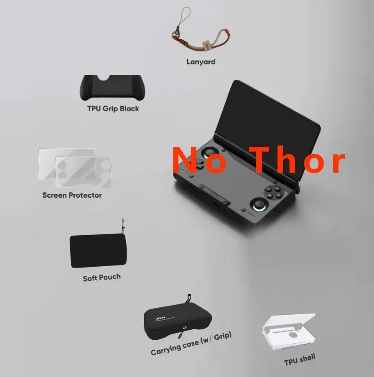 Black handheld gaming device with sleek compact design and integrated controls in ayn thor protective case and grip kit