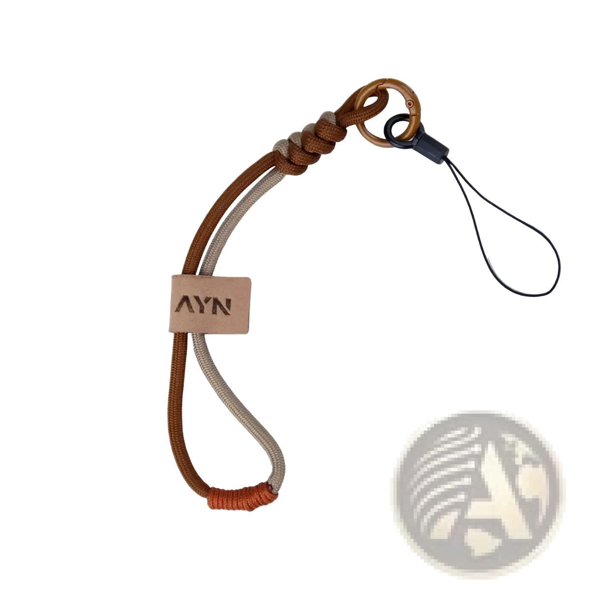 Ayn thor protective case and grip accessory kit with brown and gray braided cord phone strap and brass carabiner clip