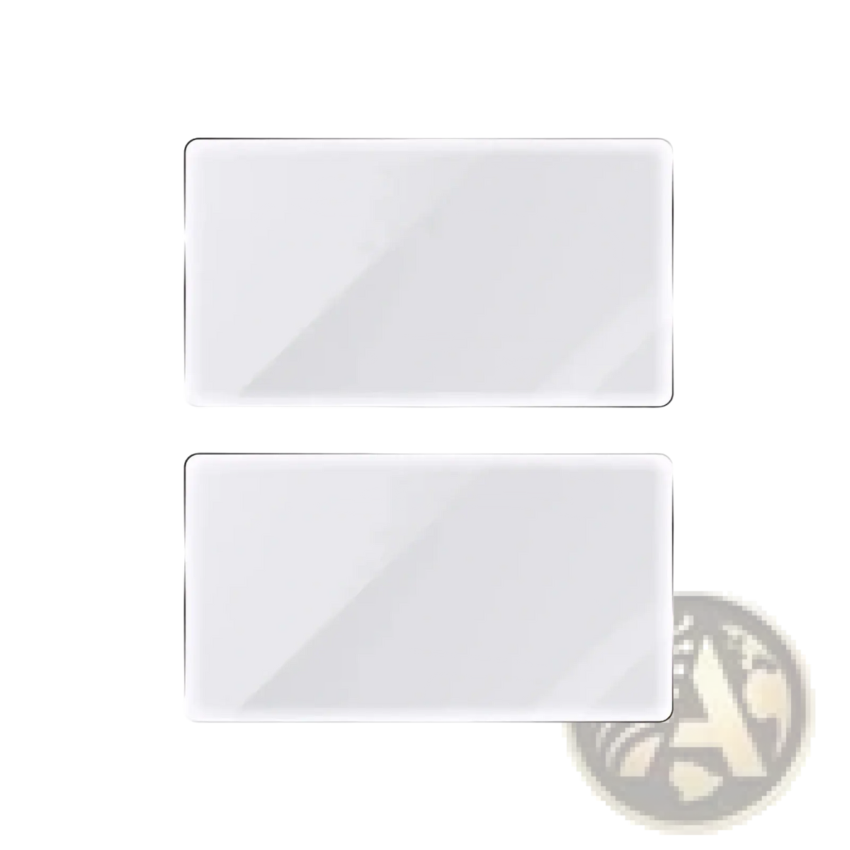 Two transparent rectangular screen protectors with rounded corners and glossy finish for ayn thor protective case and grip kit