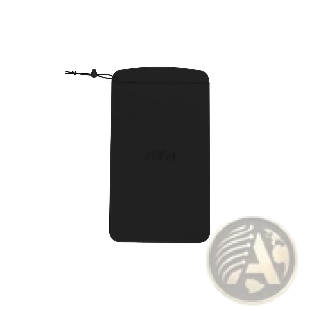 Black silicone pouch with drawstring closure and embossed logo from the Ayn Thor protective case and grip accessory kit