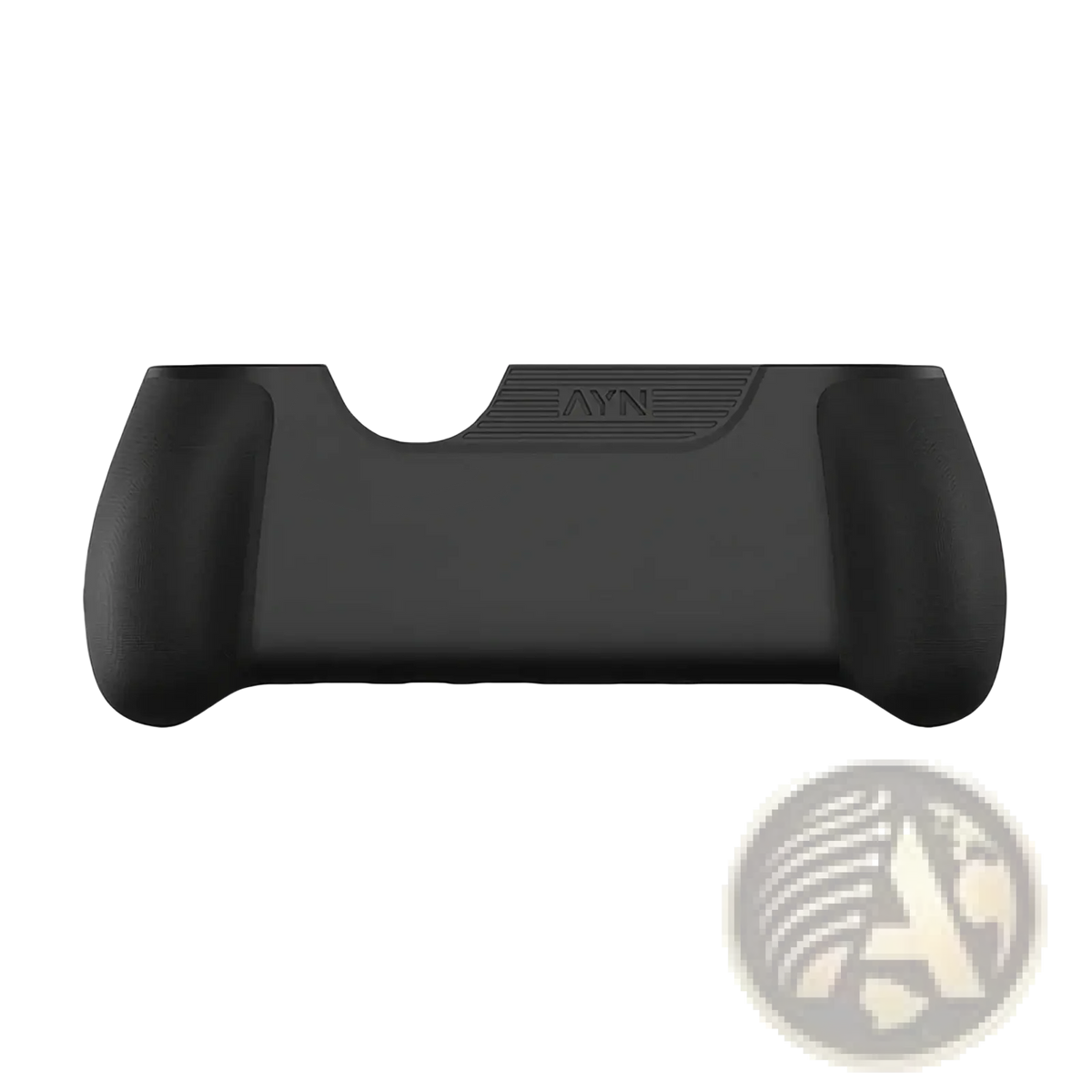 Black TPU grip with ergonomic contours and textured Ayn logo panel on the back of Ayn Thor protective case and storage bag