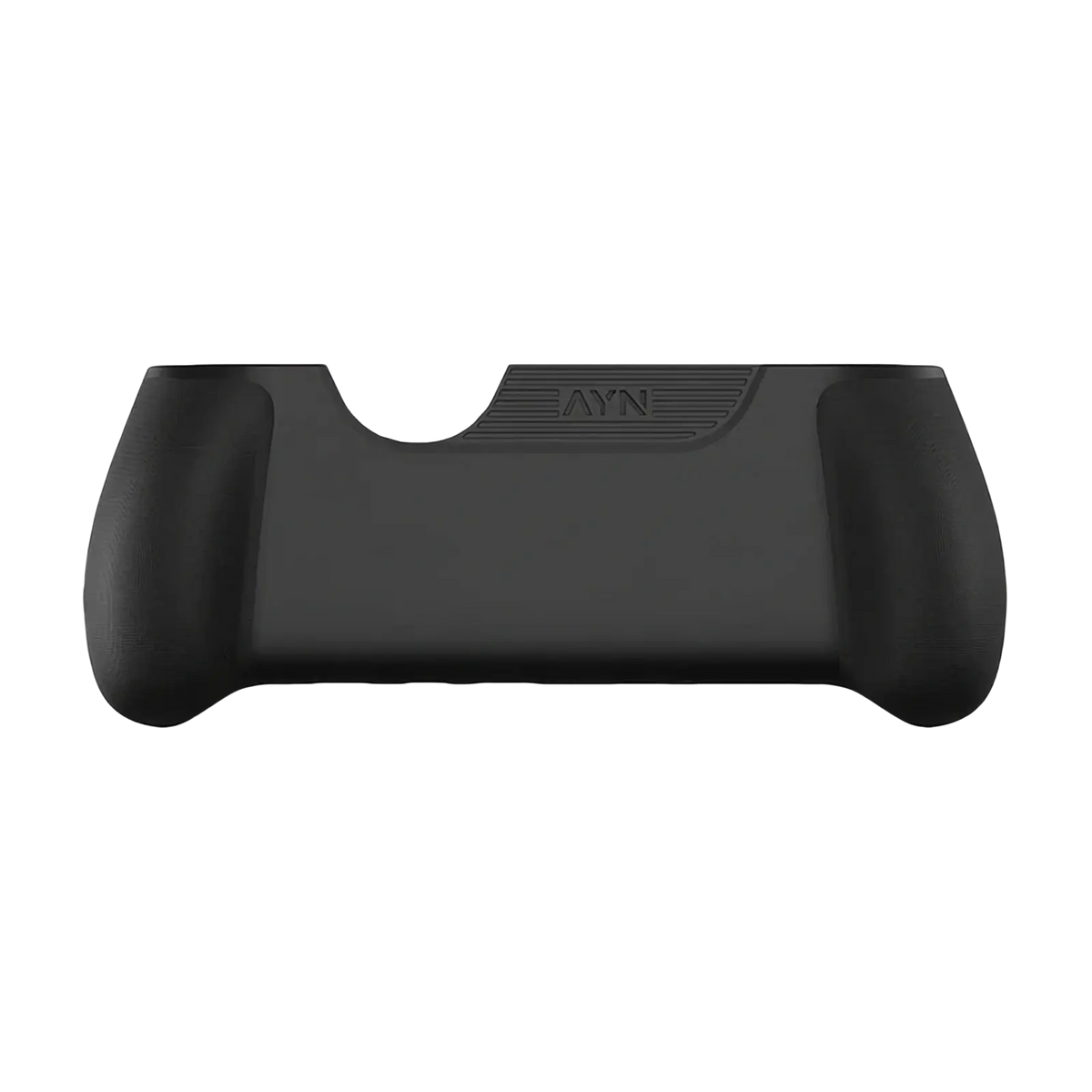 Black TPU grip with ergonomic contours and textured Ayn logo panel on the back of Ayn Thor protective case and storage bag