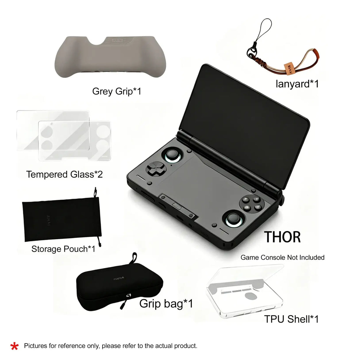 Black thor handheld game console with dual analog sticks and sleek compact design in ayn thor protective case and storage bag set