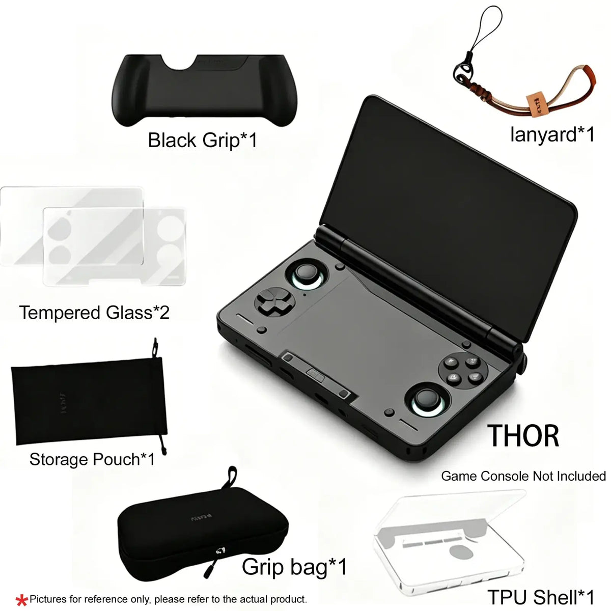 Black ayn thor handheld game console with silver analog sticks and directional pad shown open with protective case set