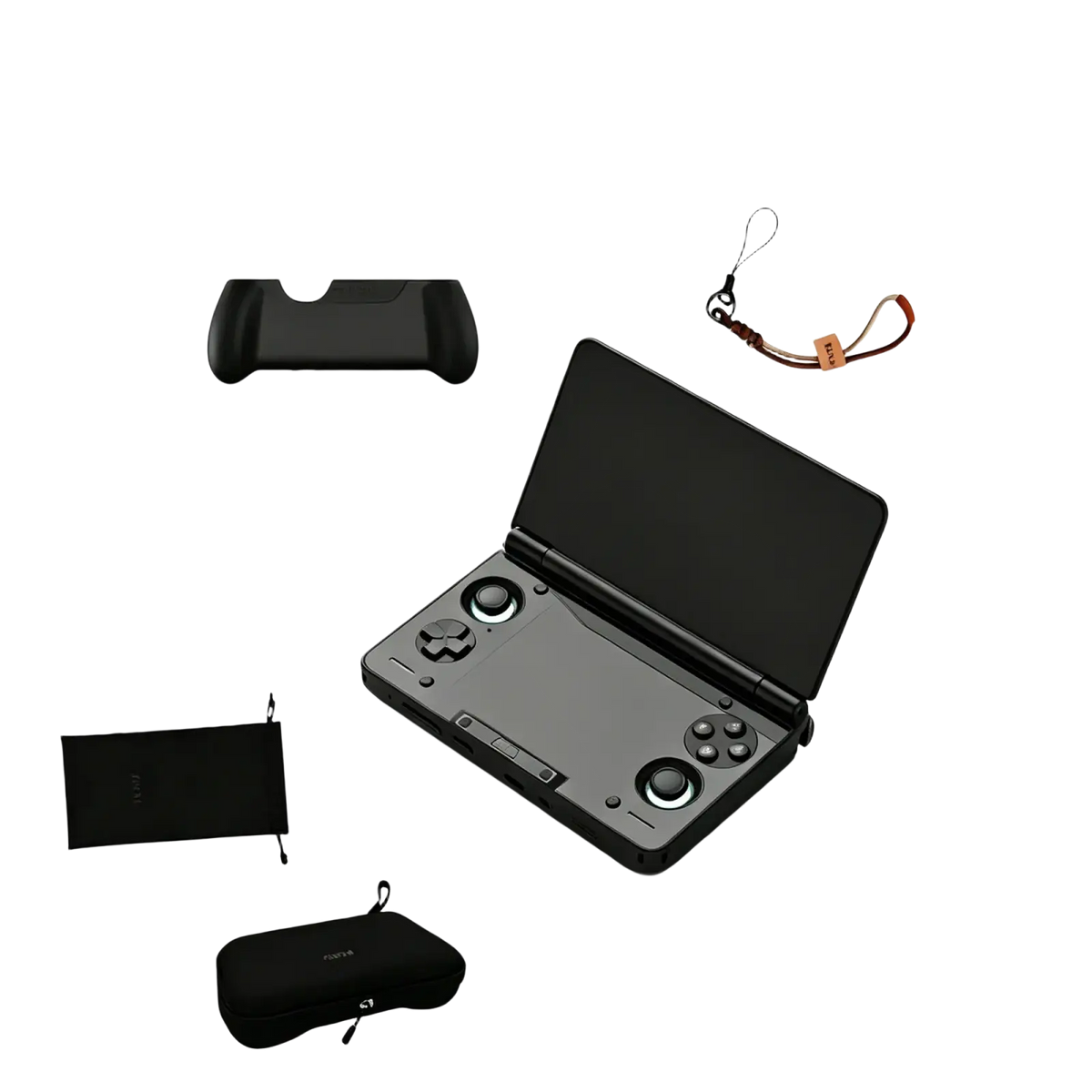 Black handheld game console with matte finish and circular analog sticks in ayn thor protective case set