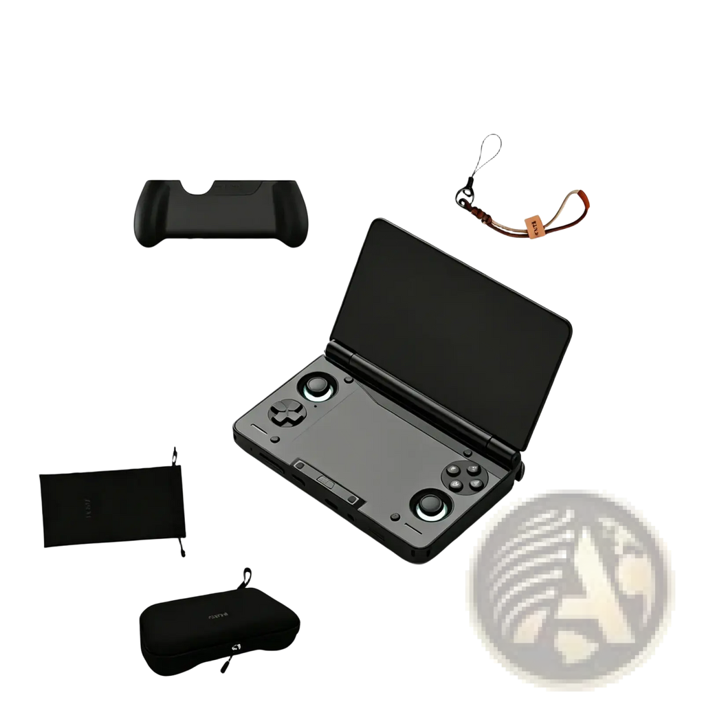 Black handheld game console with matte finish and circular analog sticks in ayn thor protective case set