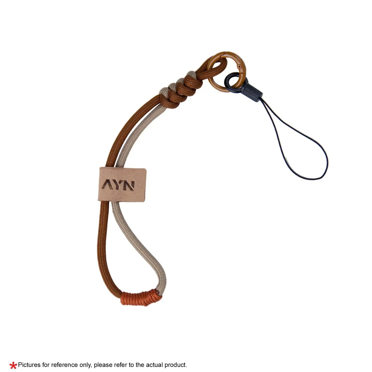 Brown and beige braided cord phone strap with brass carabiner clip for ayn thor protective case and storage bag set